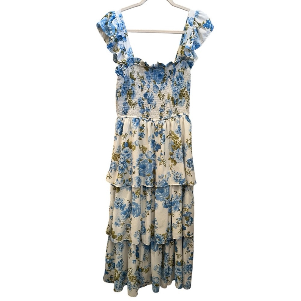 Floral Tiered Dress Easter Spring Church Cottagecore Feminine Stretchy Sz L